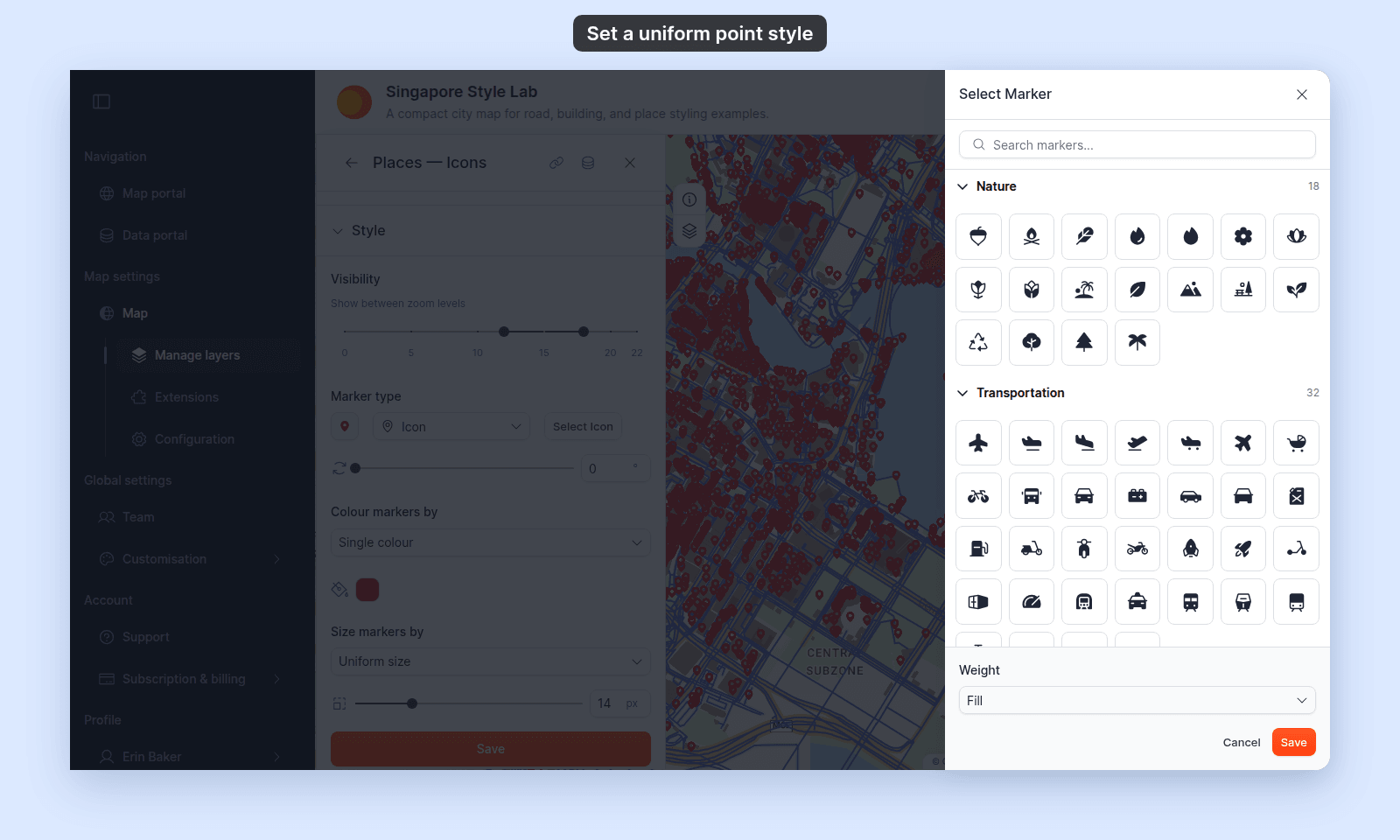 Select Marker drawer open beside the Places — Icons Style section, with Search markers, the Nature and Transportation icon groups, the Weight dropdown set to Fill, and the Cancel and Save buttons; the panel shows Marker type Icon, the Select Icon button, and the icon rotation slider
