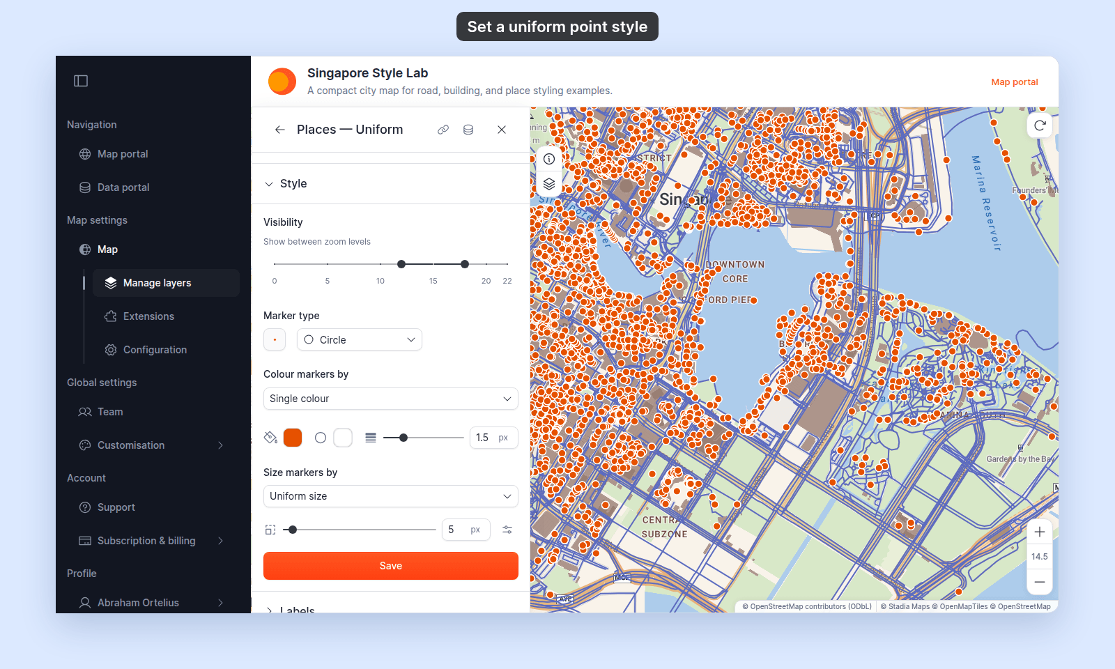 Style section of the Places — Uniform layer with Marker type set to Circle and its preview, Colour markers by set to Single colour, the orange fill colour swatch, the outline colour swatch and outline width slider at 1.5 px, Size markers by set to Uniform size, the size slider at 5 px with the Vary size by zoom level button, and the Save button