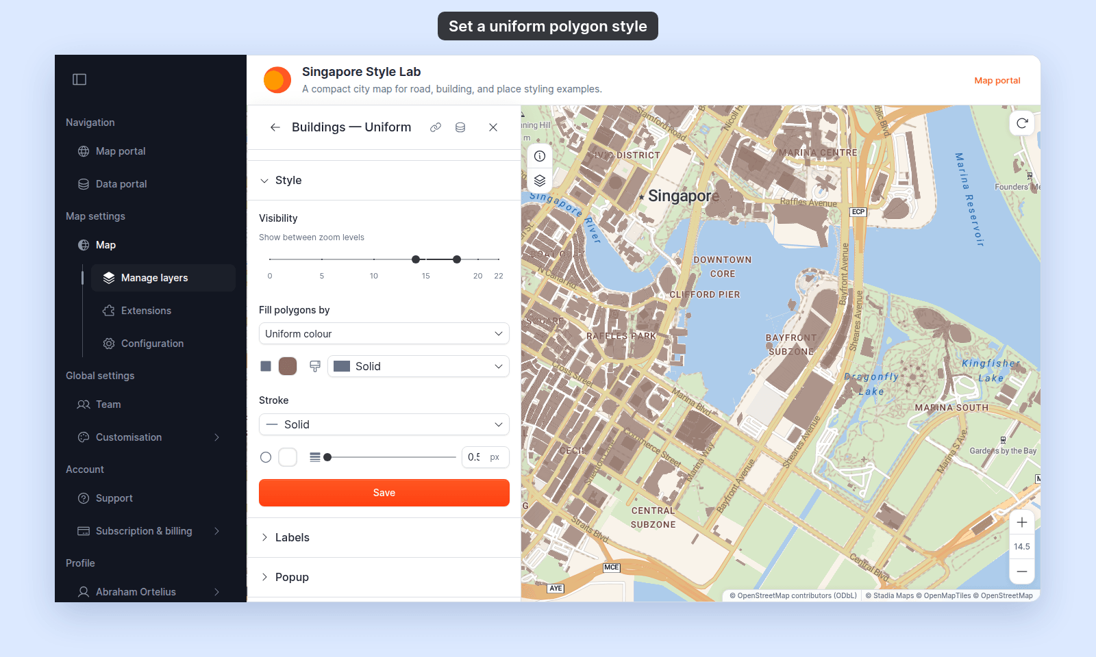 Style section of the Buildings — Uniform layer with Fill polygons by set to Uniform colour, a brown fill swatch, the brush icon and the fill pattern dropdown set to Solid, Stroke set to Solid with a white stroke colour swatch and the stroke width slider at 0.5 px, and the Save button