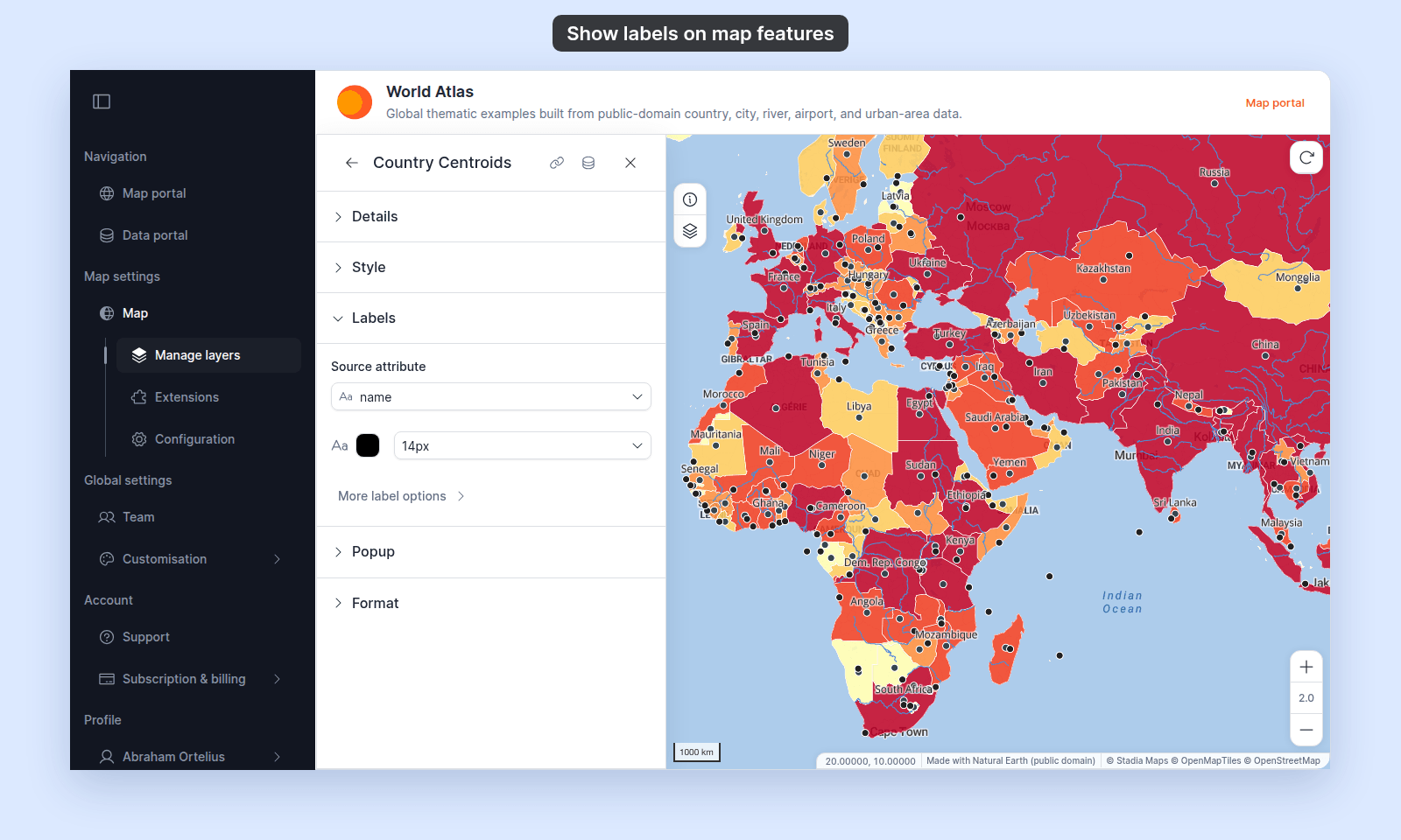 Labels section of the Country Centroids layer with Source attribute set to name; country names show as labels beside the points on the map