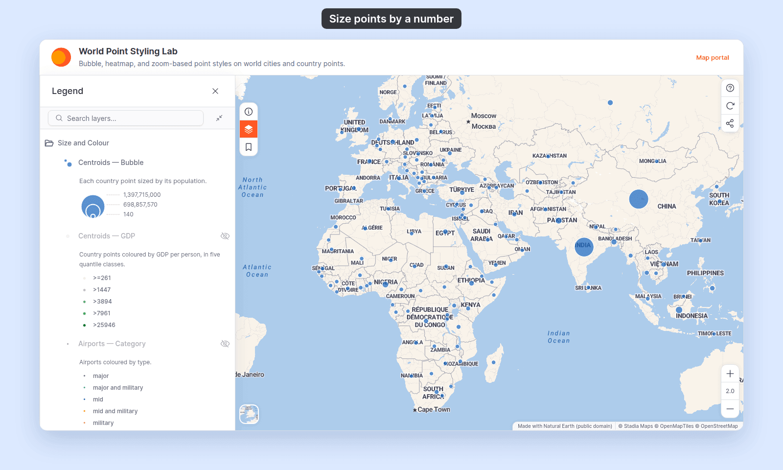 World Point Styling Lab in the map viewer: Centroids — Bubble draws country points sized by population, and the Legend shows its size key with 1,397,715,000, 698,857,570, and 140