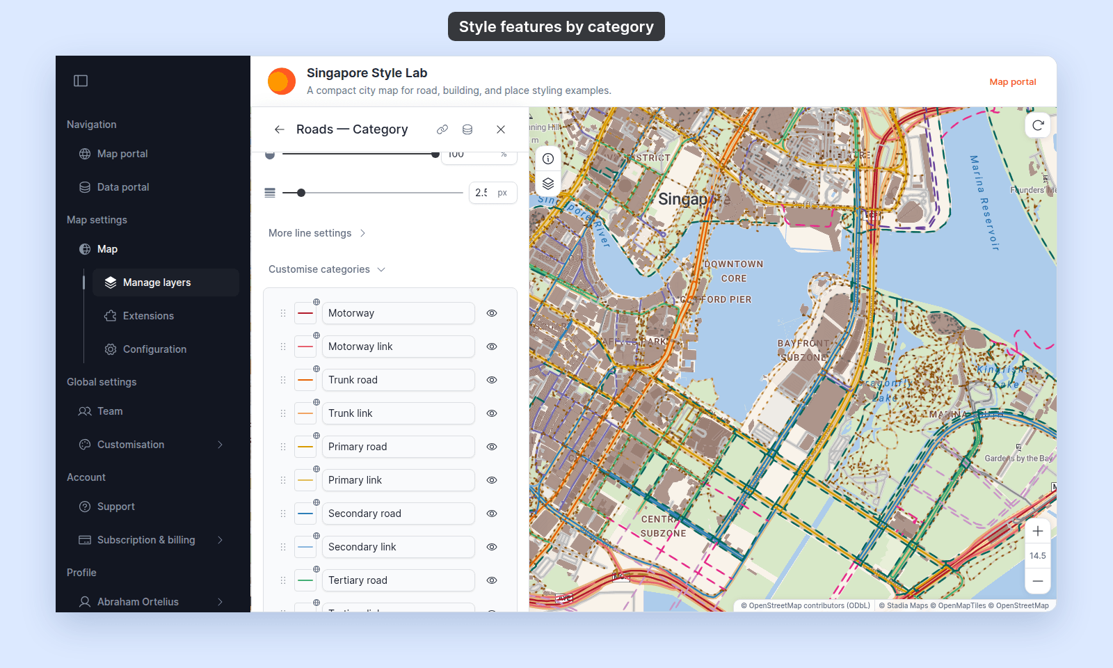 Customise categories expanded on the Roads — Category line layer: a row for each road type in road order, Motorway, Motorway link, Trunk road, and Trunk link to Tertiary road, each with a drag handle, line swatch, label, and eye icon
