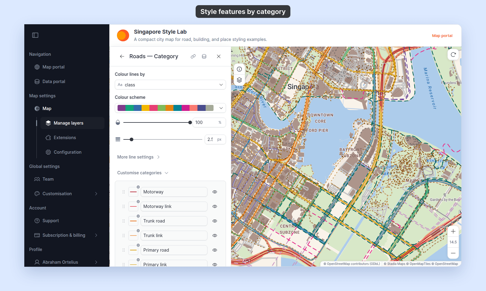 Style section of the Roads — Category line layer: Colour lines by set to the text field class, with Colour scheme, opacity at 100%, line width 2.5 px, More line settings, and Customise categories open below it with rows Motorway, Motorway link, Trunk road, Trunk link, and Primary road