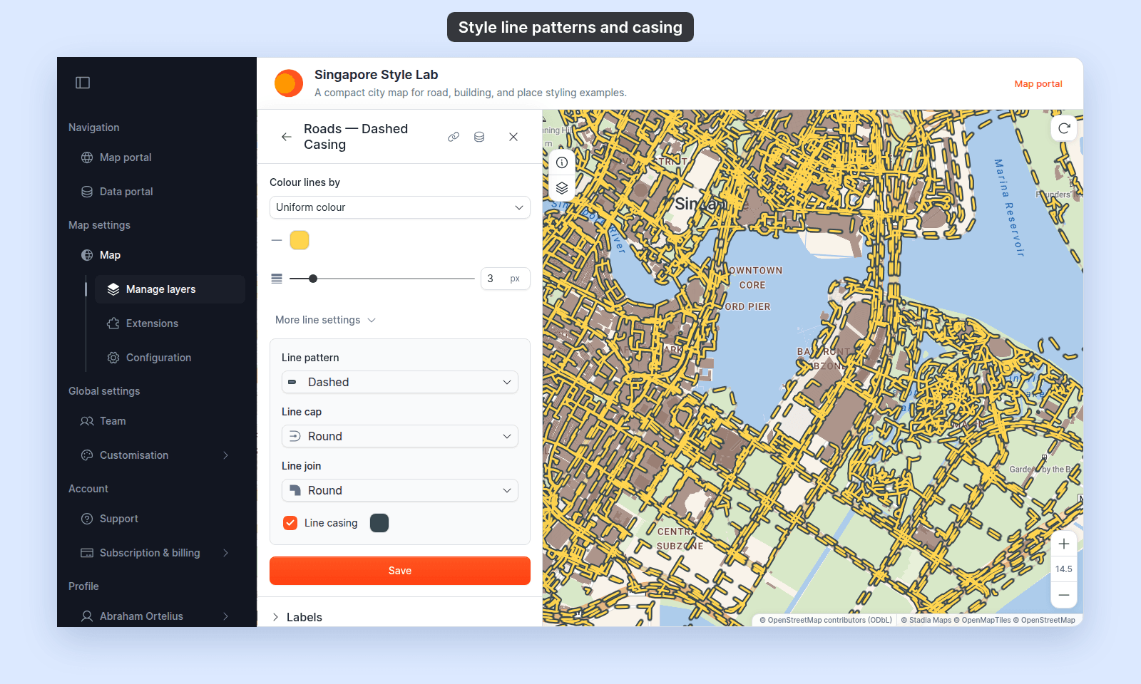 Style section of a line layer with More line settings open: Line pattern Dashed with a small dashed preview, Line cap Round, Line join Round, and Line casing checked with a dark casing colour swatch; the map shows dashed yellow roads, each dash with a dark edge