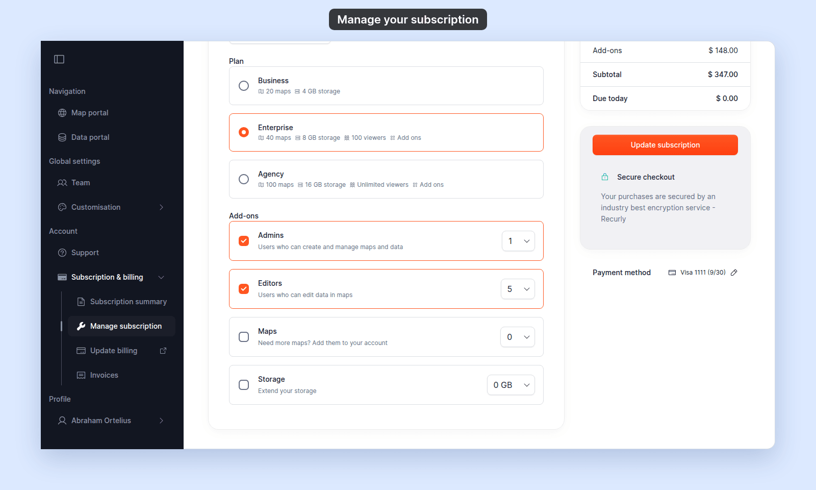 Plan options: Business with 20 maps and 4 GB storage; Enterprise, selected, with 40 maps, 8 GB storage, 100 viewers, and Add ons; Agency with 100 maps, 16 GB storage, Unlimited viewers, and Add ons; the Add-ons list below