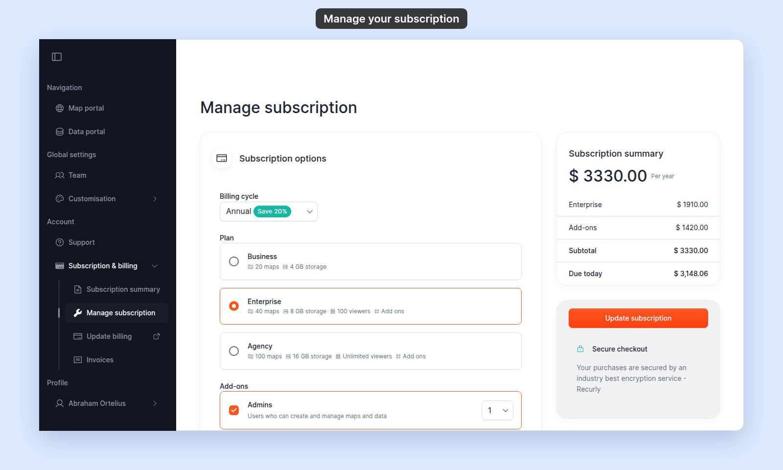 Manage subscription with Billing cycle Annual Save 20% and the Subscription summary card: $ 3330.00 Per year, Enterprise $ 1910.00, Add-ons $ 1420.00, Subtotal $ 3330.00, Due today $ 3,148.06