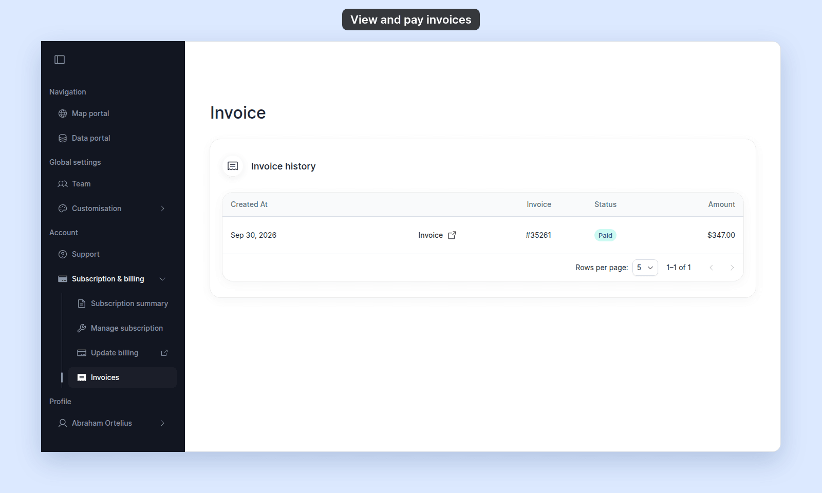 Invoice page, Invoice history table with columns Created At, Invoice, Status, and Amount, and one row: Sep 30, 2026, Invoice button, #35261, Paid status chip, $347.00; Rows per page 5